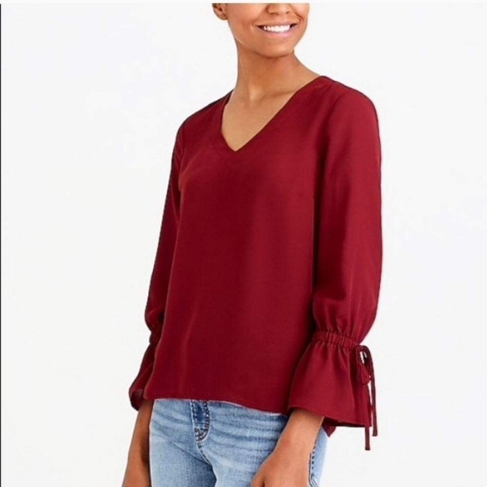 J. Crew Blouse 2 Burgundy Red Bow Long Sleeve Top V-Neck K1168 NWT